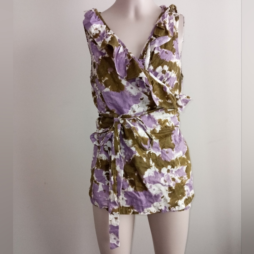 Ann Taylor Loft floral print wrap blouse size medium purple and green